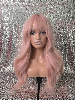 Pink Peach Long Wavy Wig with Bangs